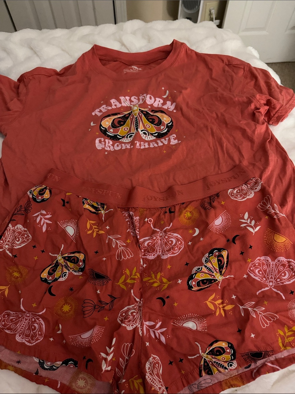 Women’s Short Sleeve Sleep Tee and Shorts Set - Red Butterfly Print